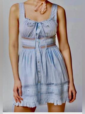 And Now This Sleeveless Crochet Trim Button Front Lace-Trim Mini Dress